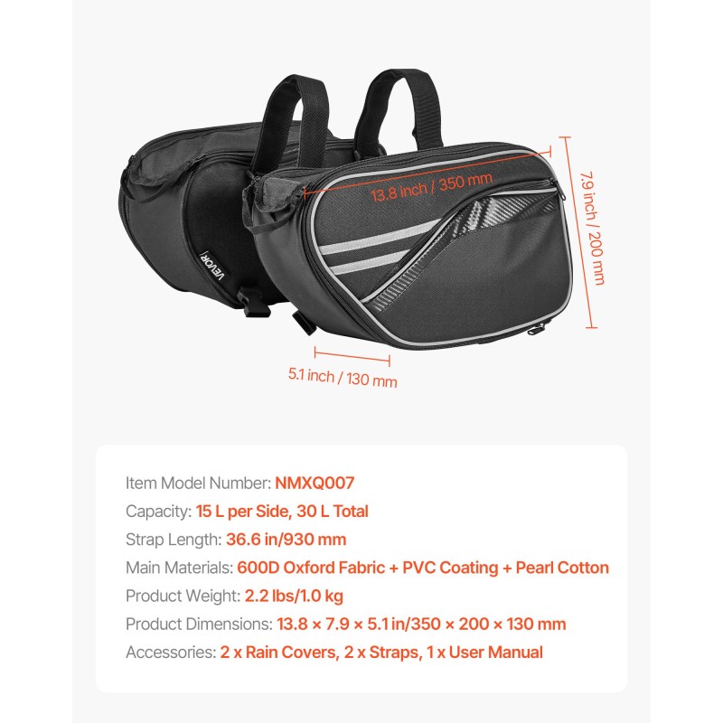 Moottoripyörän sivulaukku 30 L 600D Oxford-kangas PVC-pinnoite vedenpitävä sadesuoja