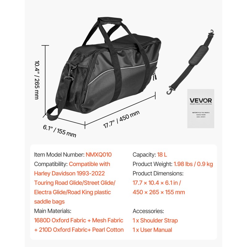 Moottoripyörän sisälaukku 18 litraa korkeatiheyksinen nailon irrotettava olkahihna