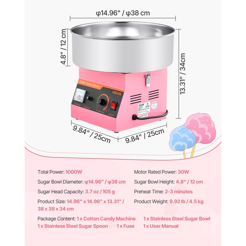 Puuvillakone 1000W ruostumattomasta teräksestä 38 cm kulho vaaleanpunainen kotikäyttöön ja juhliin