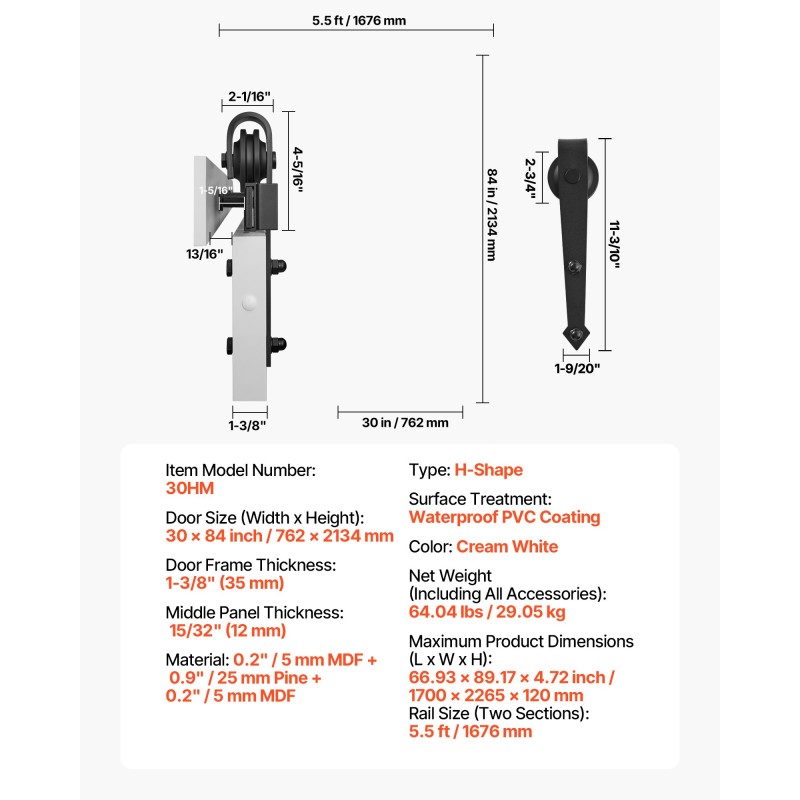 Liukuva talliovi MDF ja mänty 762 x 2134 mm valkoinen H-muoto