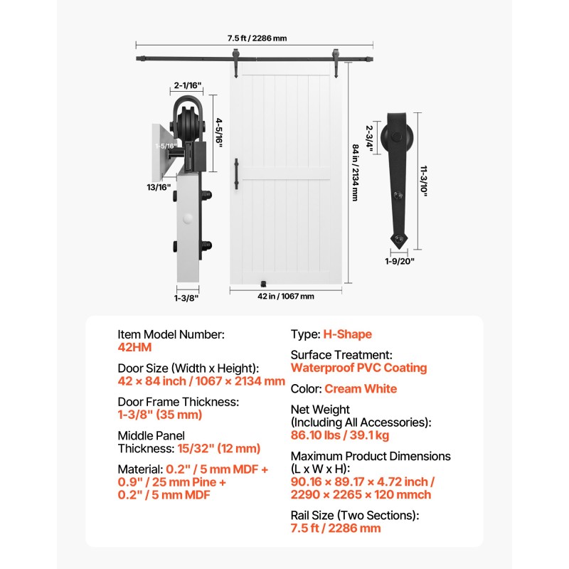 Liukuva ladonovi MDF ja mänty 1067 x 2134 mm valkoinen vedenpitävä PVC-pinnoite