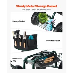 Puutarhatuoli pyörillä teräsrunko korkeussäädettävä kääntyvä pehmustettu istuin