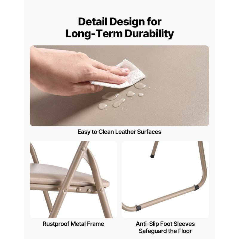 Taitettava pehmustettu metallirunkoinen tuolisetti PVC-nahka 4 kpl khaki 158 kg kantavuus