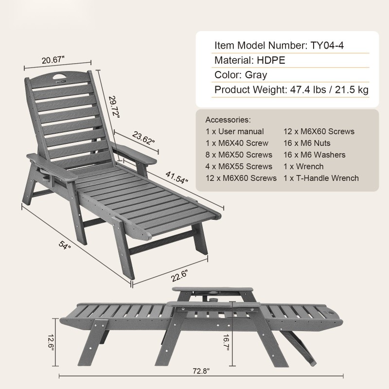 Lepotuoli polyeteenimuovi 1850 mm säänkestävä 6-portainen 181 kg harmaa ulkokäyttöön