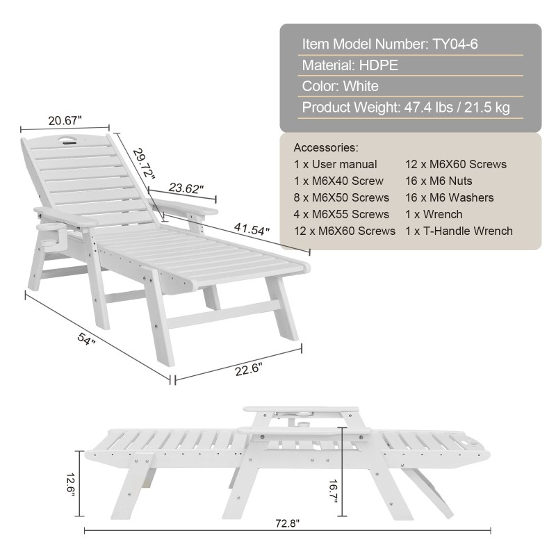 Ulkolepotuoli HDPE 183 cm kantavuus 181 kg 6-portainen selkänoja kääntyvä mukiteline