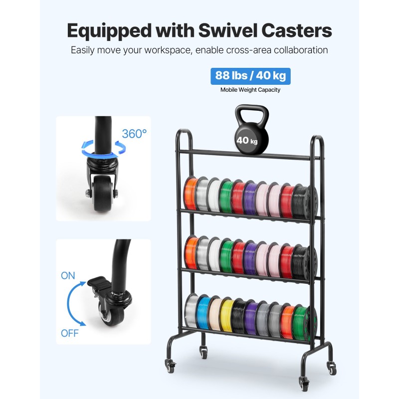 3D-tulostusfilamenttien säilytysteline hiiliteräsrunko MDF-tasot 4 tasoa pyörillä