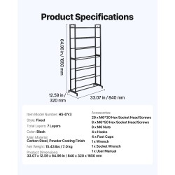 3D-tulostusfilamenttien säilytyshylly 7-tasoinen hiiliteräs musta korkeus 1650 mm