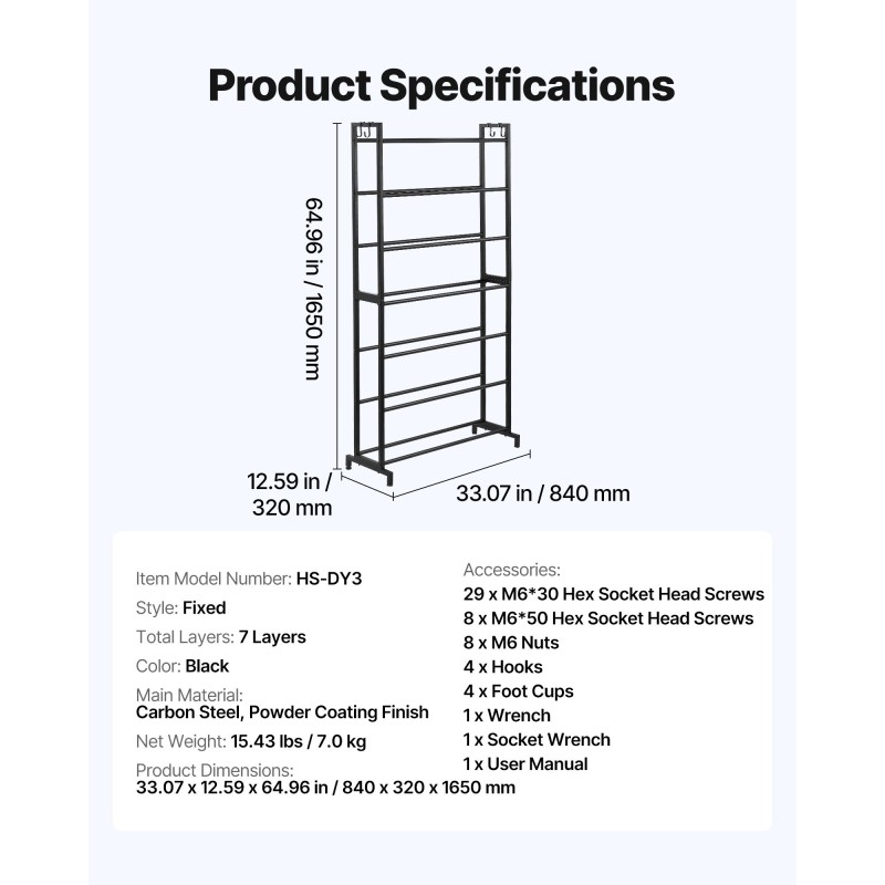3D-tulostusfilamenttien säilytyshylly 7-tasoinen hiiliteräs musta korkeus 1650 mm