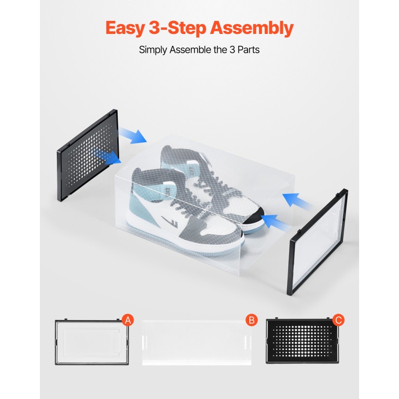 Kengänlaatikot läpinäkyvästä PP/PS-muovista pinottavat 12 kpl mustalla kehällä