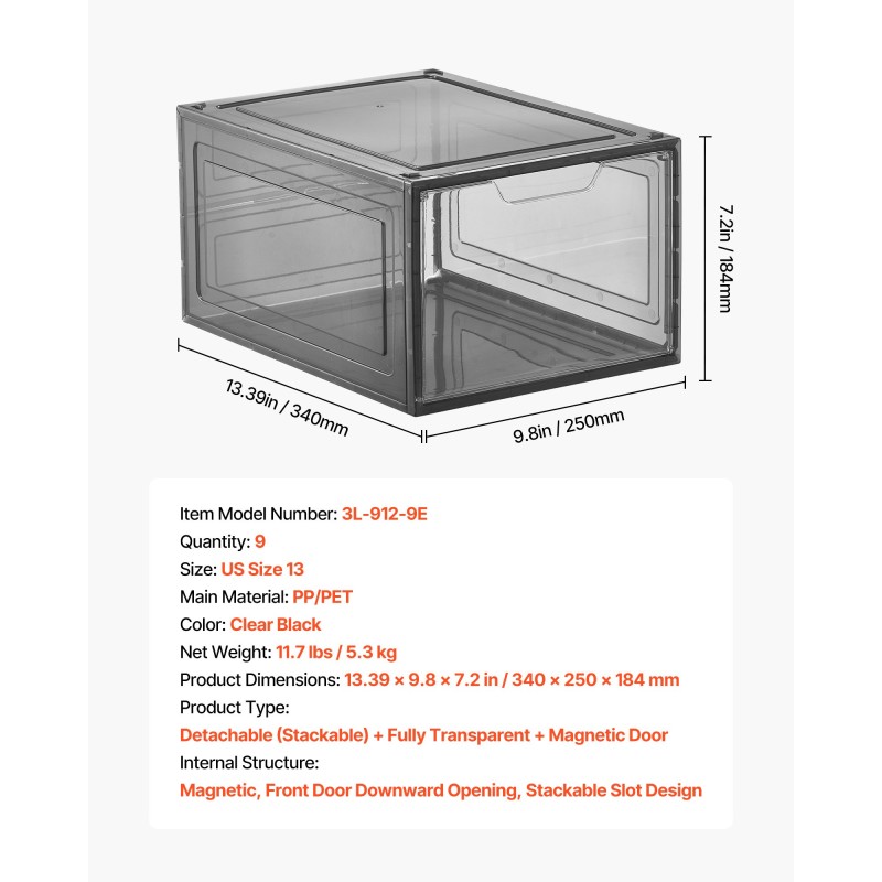 Pinottavat läpinäkyvät kenkälaatikot PP/PET-muovia 9 kpl sopii kengille US-koko 13 asti