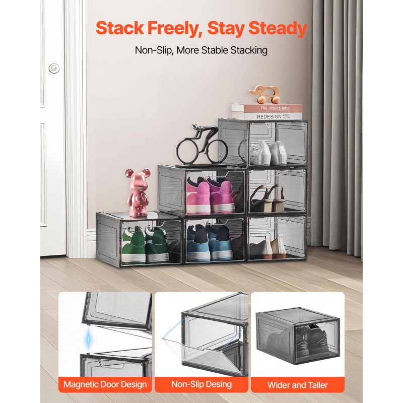 Muoviset pinottavat kengänlaatikot 6 kappaleen paketti läpikuultavat magneettisilla ovilla sopii kokoon 13