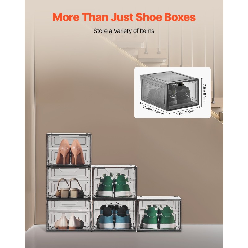 Muoviset pinottavat kengänlaatikot 6 kappaleen paketti läpikuultavat magneettisilla ovilla sopii kokoon 13
