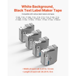 Tarranauha 12 mm polyesteri 4 kpl 8 m valkoinen pohja musta teksti