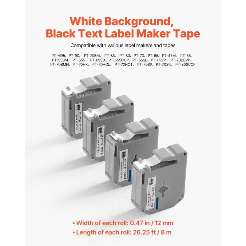 Tarranauha 12 mm polyesteri 4 kpl 8 m valkoinen pohja musta teksti