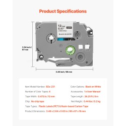 Tarranauha muovietiketti 12 mm 4 kpl valkoinen musta teksti