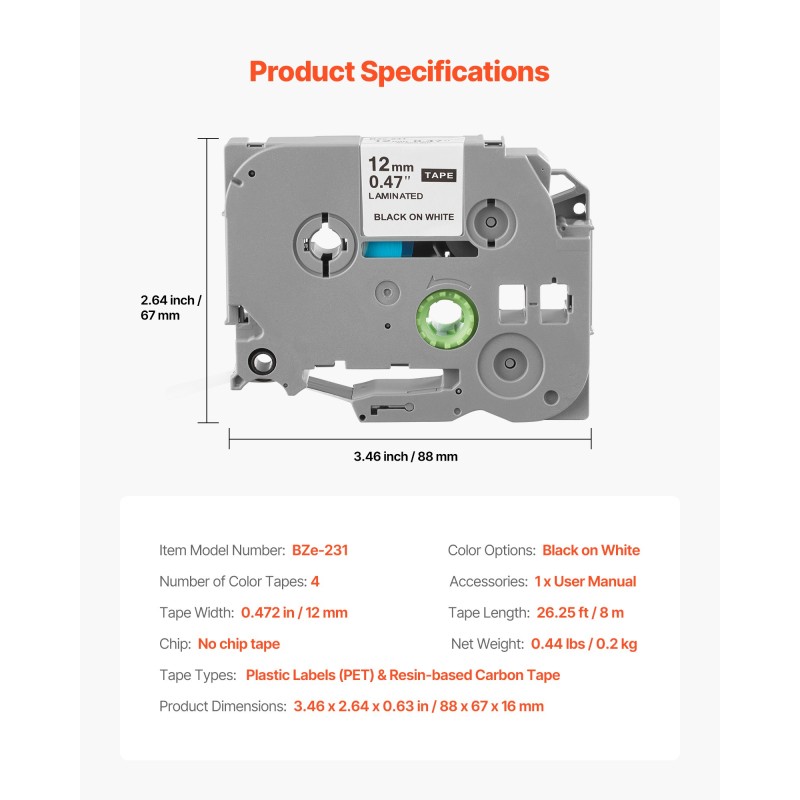 Tarranauha muovietiketti 12 mm 4 kpl valkoinen musta teksti