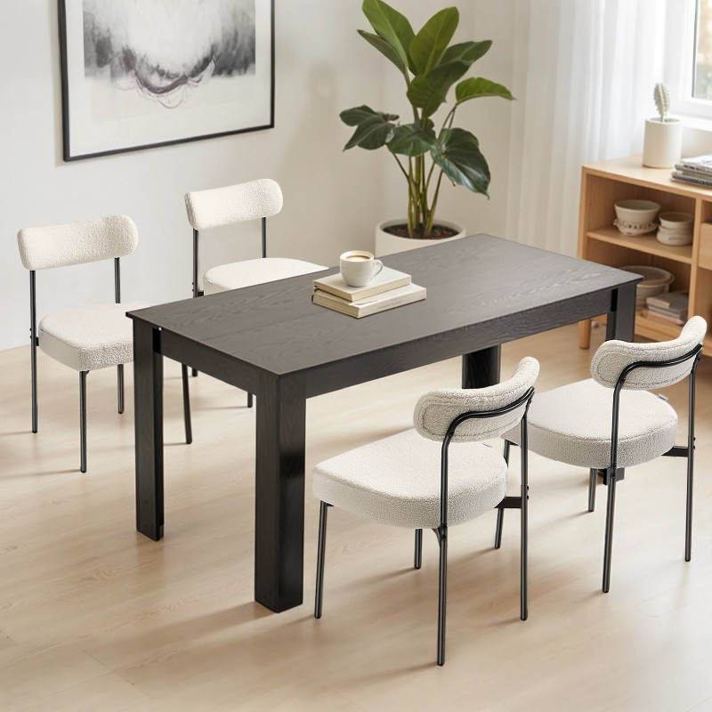 Ruokapöydän tuolisetti neljän tuolin valkoinen teddykangas mustat metallijalat