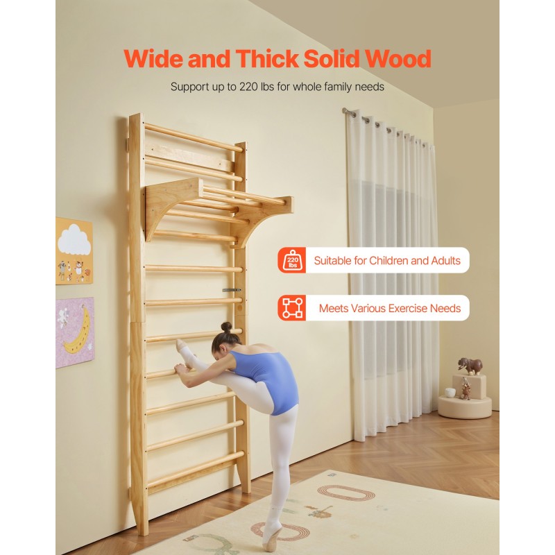 Puinen 10-tasoinen seinäkiipeilyteline mäntypuusta sisätiloihin lapsille ja aikuisille