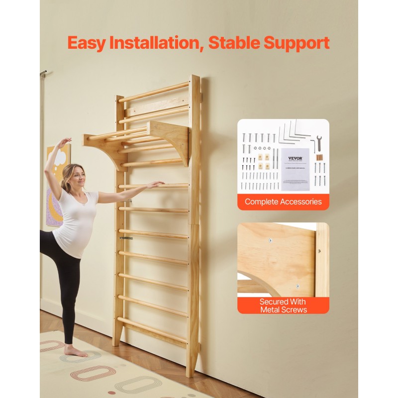 Puinen 10-tasoinen seinäkiipeilyteline mäntypuusta sisätiloihin lapsille ja aikuisille