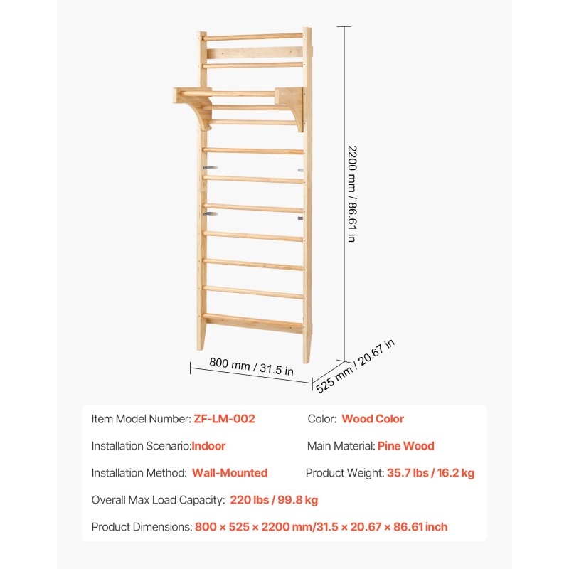 Puinen 10-tasoinen seinäkiipeilyteline mäntypuusta sisätiloihin lapsille ja aikuisille