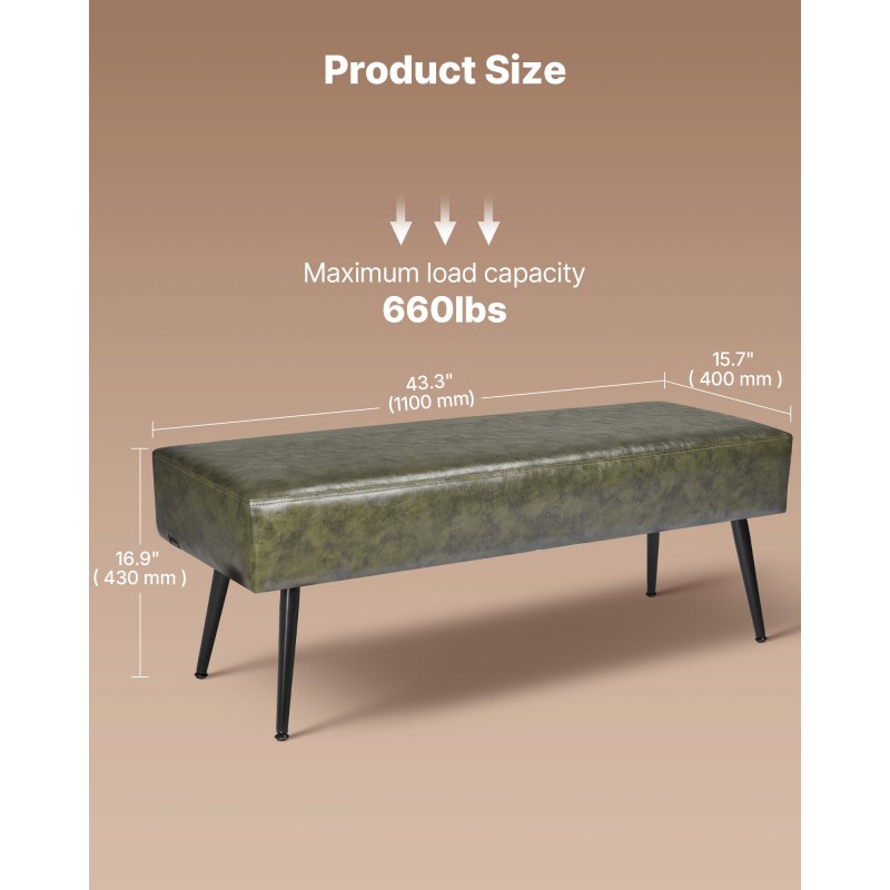 Penkki keinonahkainen vihreä 110-senttinen metallijaloilla makuuhuoneeseen