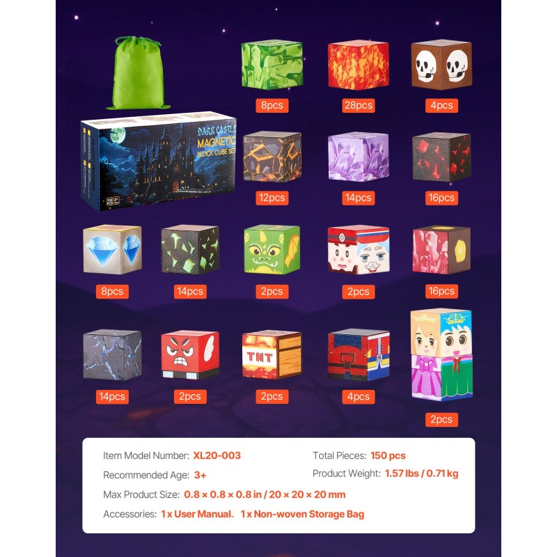 Magneettipalikkasetti 150 osaa tumman linnan teema lapsille säilytyspussilla