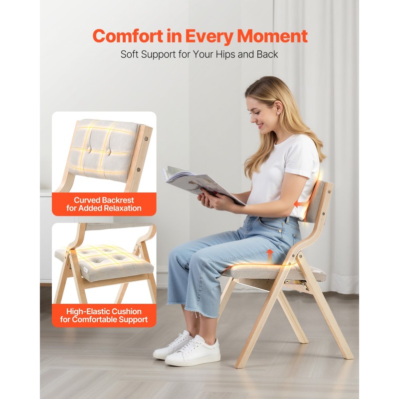 Taitettavat puurunkoiset ruokatuolit 2 kpl pehmustetut kantavuus 180 kg luonnonpuun sävy beige