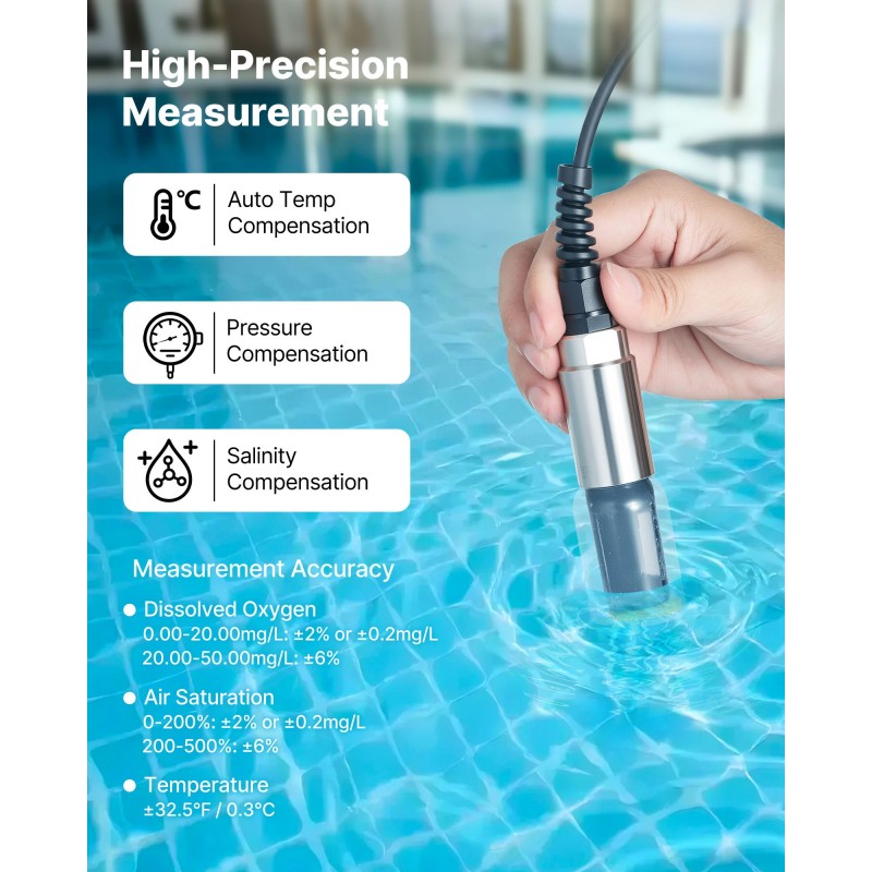 Kannettava liuenneen hapen mittari 0–50 mg/L IP67 Bluetooth-yhteys USB-liitäntä 4 m elektrodikaapeli