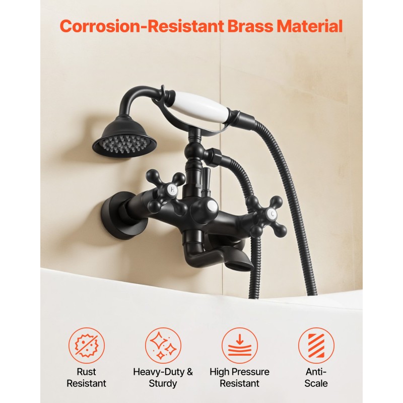 Seinään asennettava ammeen hana täysmessinkinen mattamusta käsisuihkulla keraamisella kasetilla