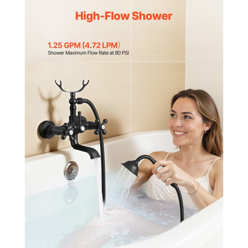 Seinään asennettava ammeen hana täysmessinkinen mattamusta käsisuihkulla keraamisella kasetilla