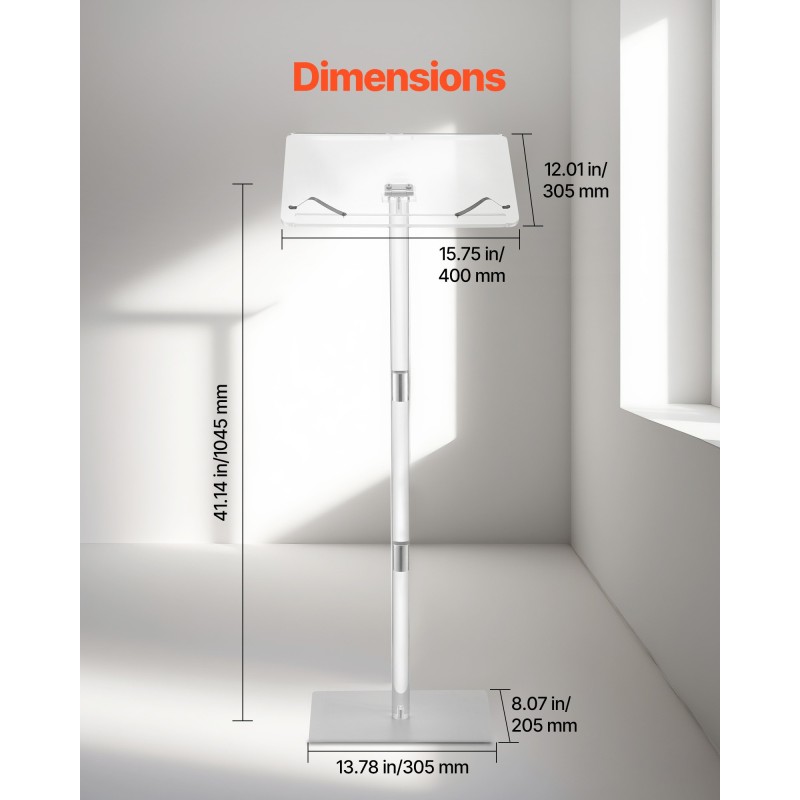 Puhujapöytä akryylinen 1100 mm korkea läpinäkyvä säädettävä pöytätaso kirjaklipsillä