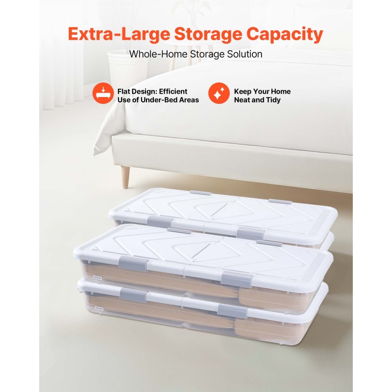 Sängynalussäilytyslaatikot 4 kpl 42 l 805 x 396 x 175 mm läpinäkyvällä kannella pyörillä