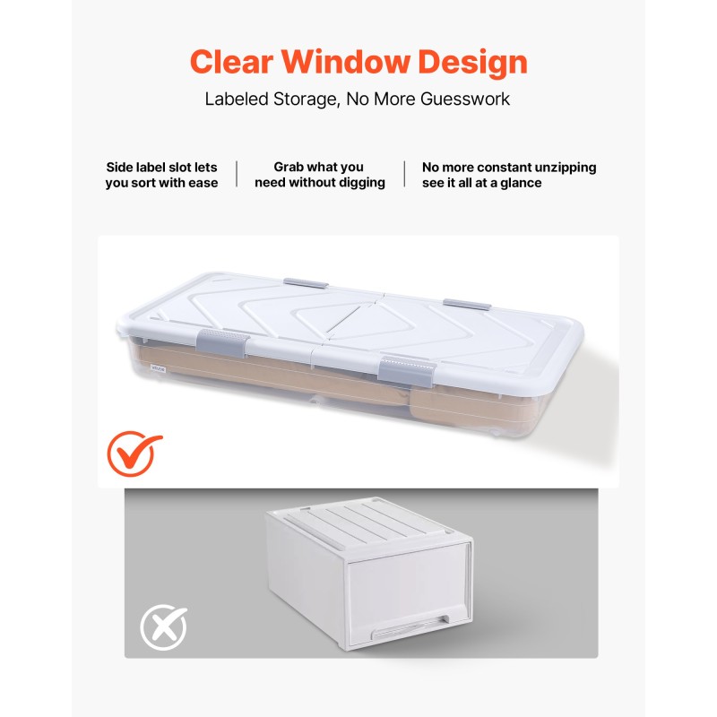Sängynalussäilytyslaatikot 4 kpl 42 l 805 x 396 x 175 mm läpinäkyvällä kannella pyörillä