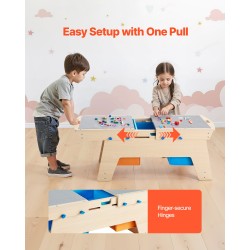 Puinen kaksipuolinen aktiviteettipöytä kahdelle lapselle kaksisataa rakennuspalikkaa kolmella säilytyslaatikolla