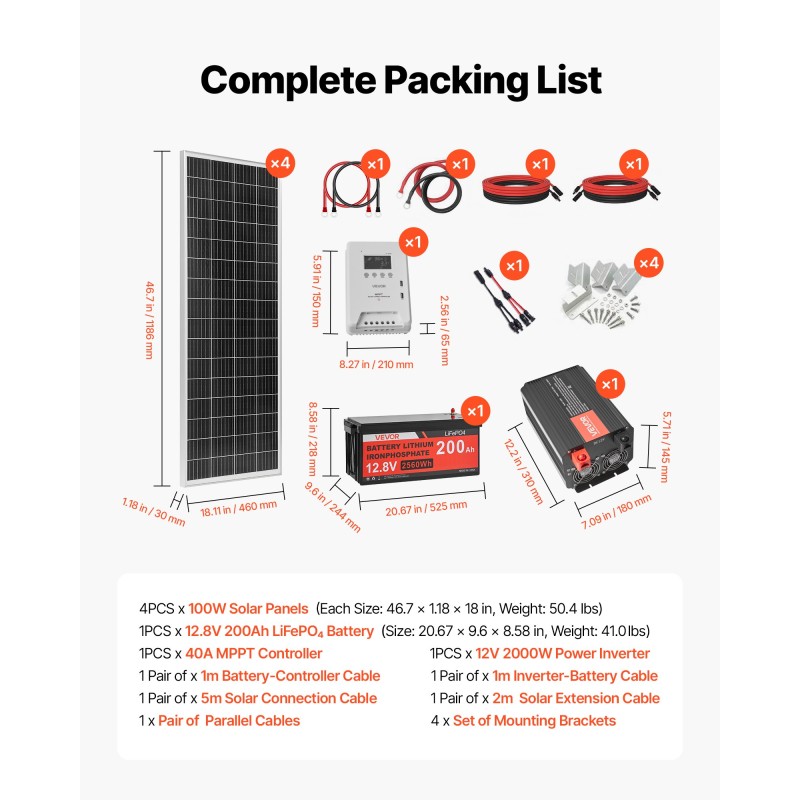 12V aurinkosähköpaketti 400W 4x100W monokidepaneelit 12.8V 200Ah LiFePO4-akku 40A MPPT-laturisäädin 2000W invertteri