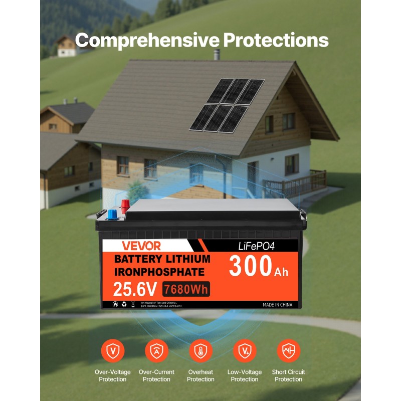 Aurinkosähköpaketti 1200W 6 kpl 200W yksikideaurinkopaneelia 25.6V 300Ah LiFePO4-akku 24V 3600W invertteri