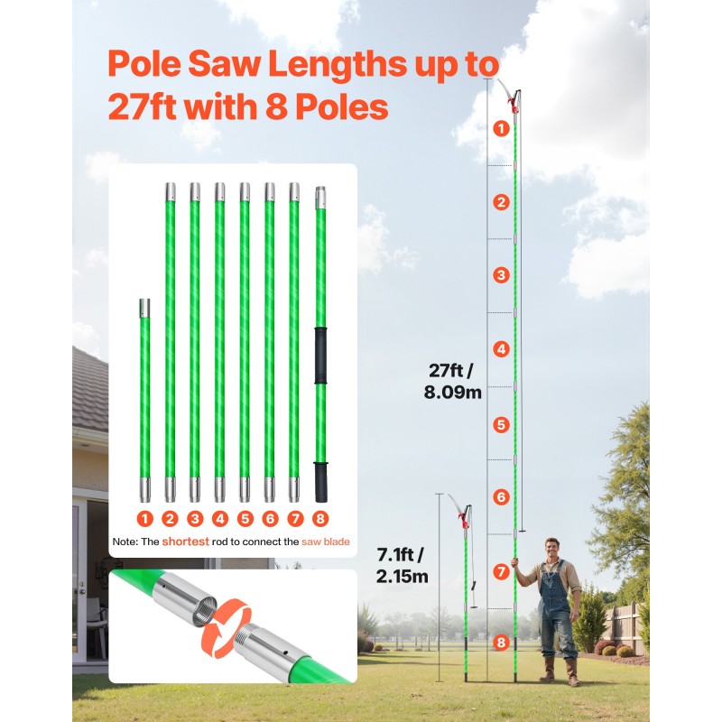 Teleskooppinen oksasaha lasikuituvarsi 8 m 65Mn-teräs oksien karsintaan