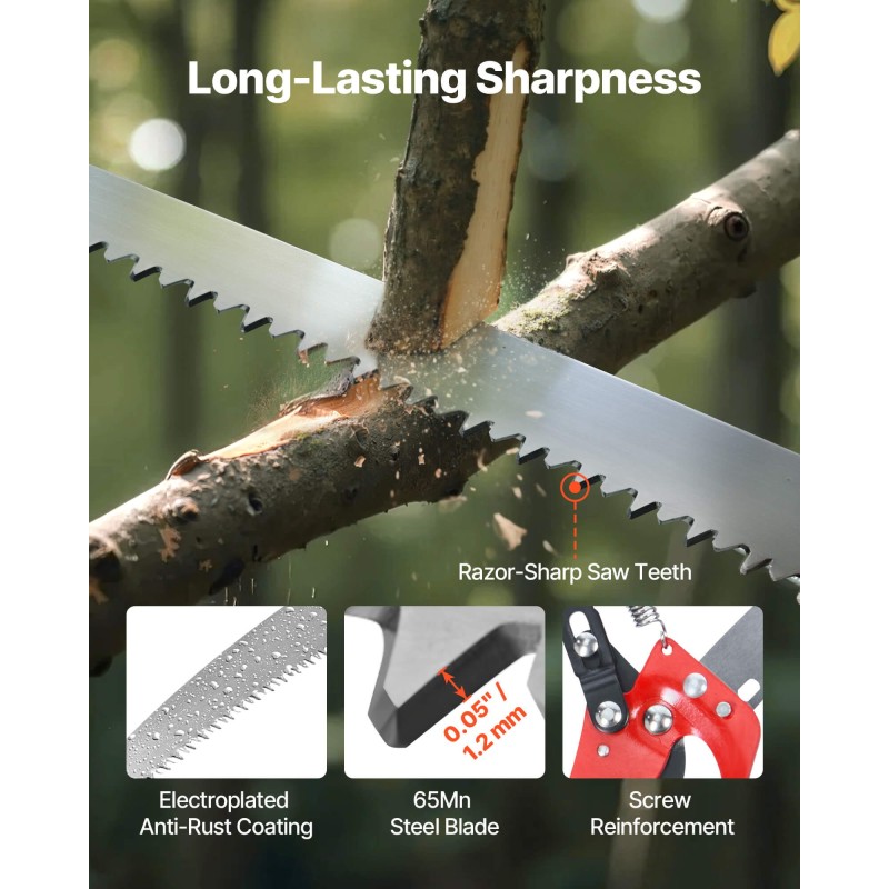 Teleskooppinen oksasaha lasikuituvarsi 8 m 65Mn-teräs oksien karsintaan