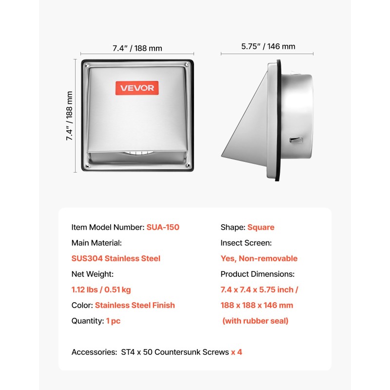 Seinäventtiilin peitelevy 145 mm ruostumaton teräs neliö suojaverkolla 1 kpl