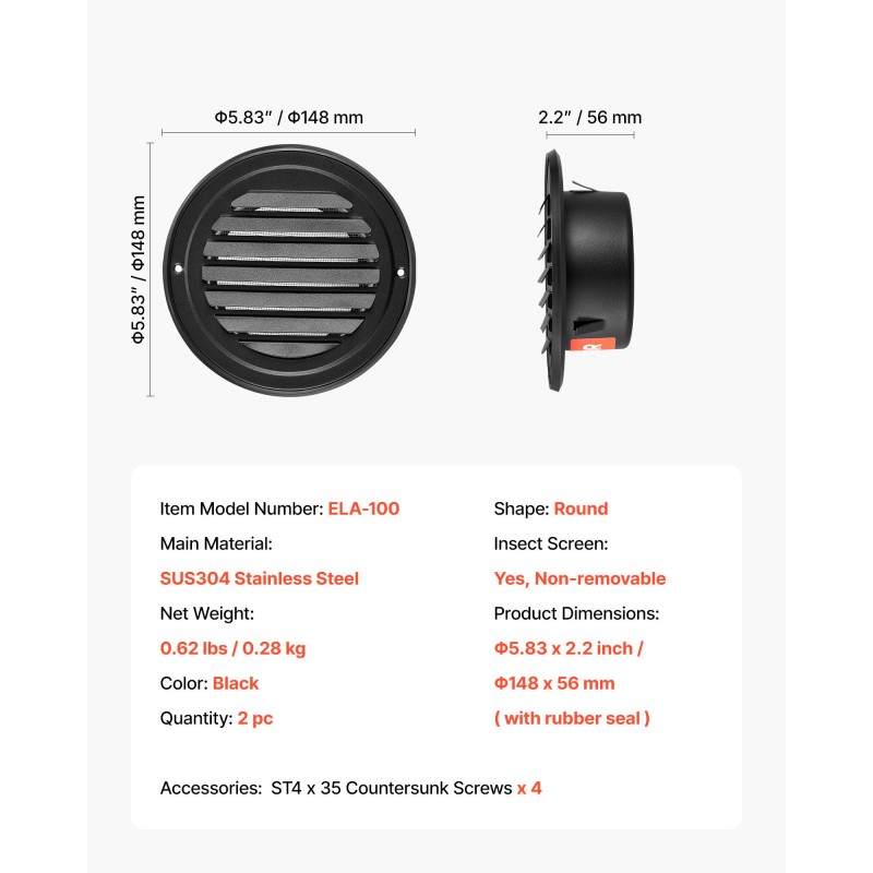 Seinäventtiilin ritiläsuojus ruostumatonta terästä 97 mm musta 2 kpl