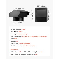 Seinäventtiilikansi SPCC-teräs 198 mm musta suojaverkolla 1 kpl ilmastointiin