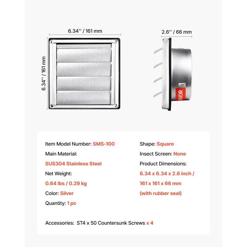 Seinäasenteinen ilmanvaihtoritilä ruostumaton teräs 97 mm aukko 161x161 mm kumitiiviste