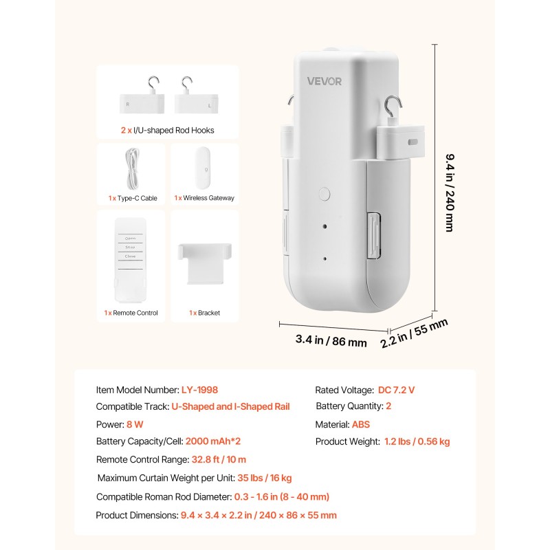 Sähköinen älyverhonavaaja ABS-kuori U- ja I-kiskoille 16 kg mobiiliohjauksella