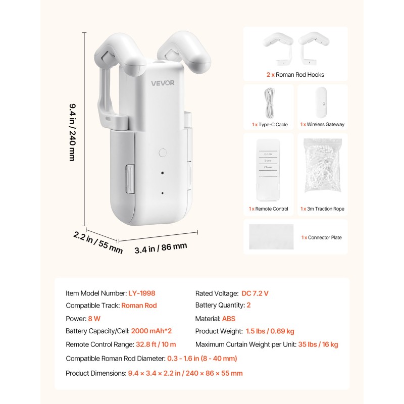 Automaattinen verhojen avaaja ABS-muovi Roman-verhotangoille 8–40 mm sovellus ja kauko-ohjaus hubilla