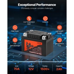 Moottoripyörä- ja harrasteajoneuvoakku 12V 2Ah litiumrautafosfaatti esiladattu huoltovapaa