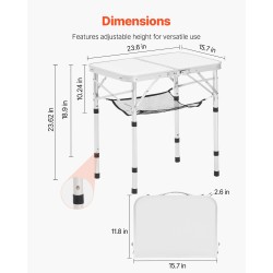 Kokoontaitettava retkipöytä säädettävä korkeus MDF-pinta alumiinirunko verkkohylly hopea