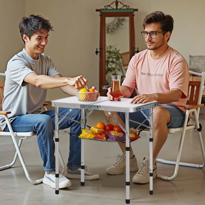Kokoontaitettava retkipöytä säädettävä korkeus MDF-pinta alumiinirunko verkkohylly hopea
