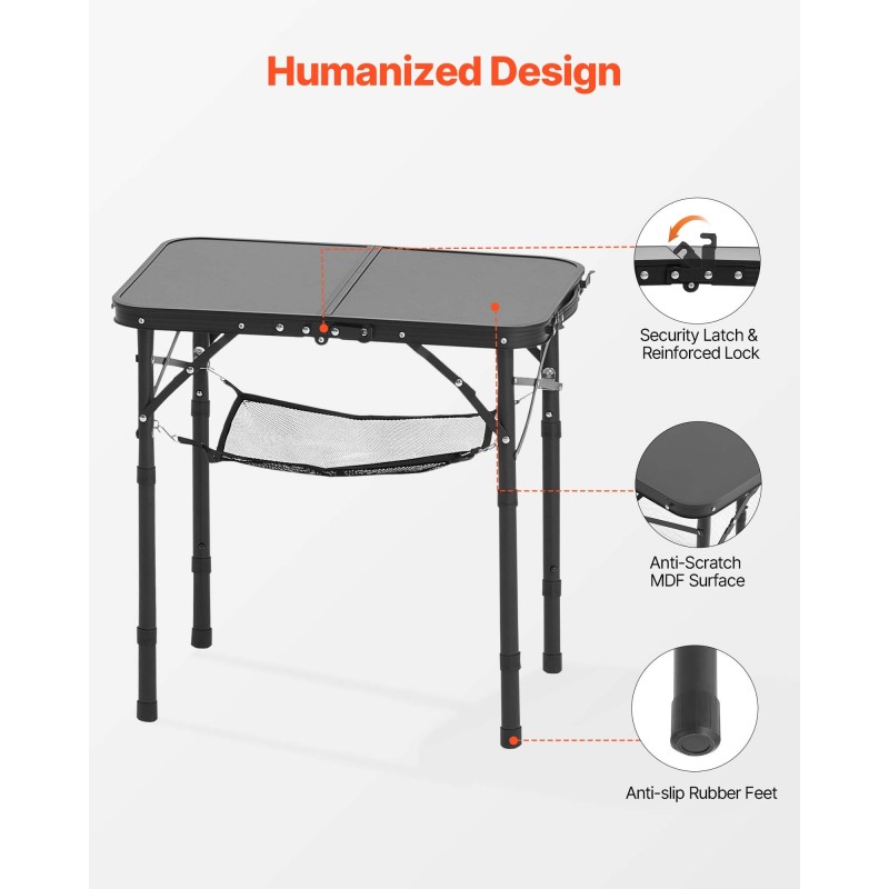 Taitettava retkipöytä alumiinirunko MDF-pöytätaso musta 600x400x260 mm 30 kg kantavuus