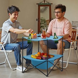 Retkipöytä kokoontaitettava kevyt 600D Oxford kangas metallirunko neljä mukitelinettä sininen