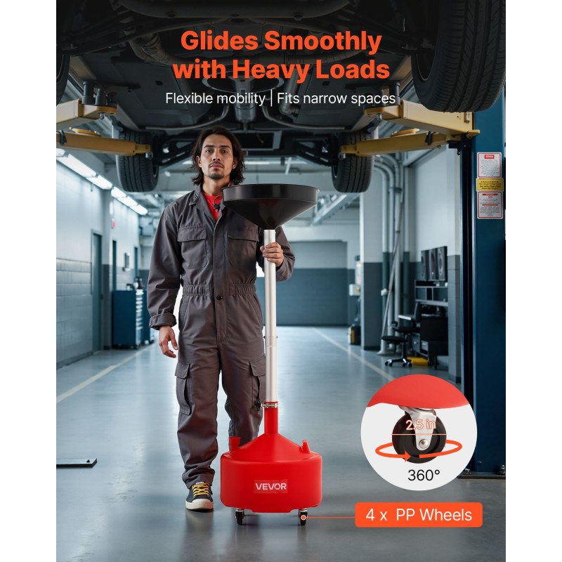 Jäteöljyn keräyssäiliö 30L PE-muovi säädettävällä 420 mm suppilolla pyörillä manuaalisella tyhjennyksellä